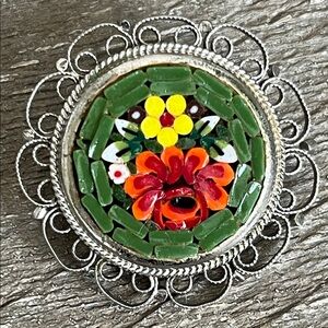 Italian Floral Micro Mosaic Brooch with Silver Accents
